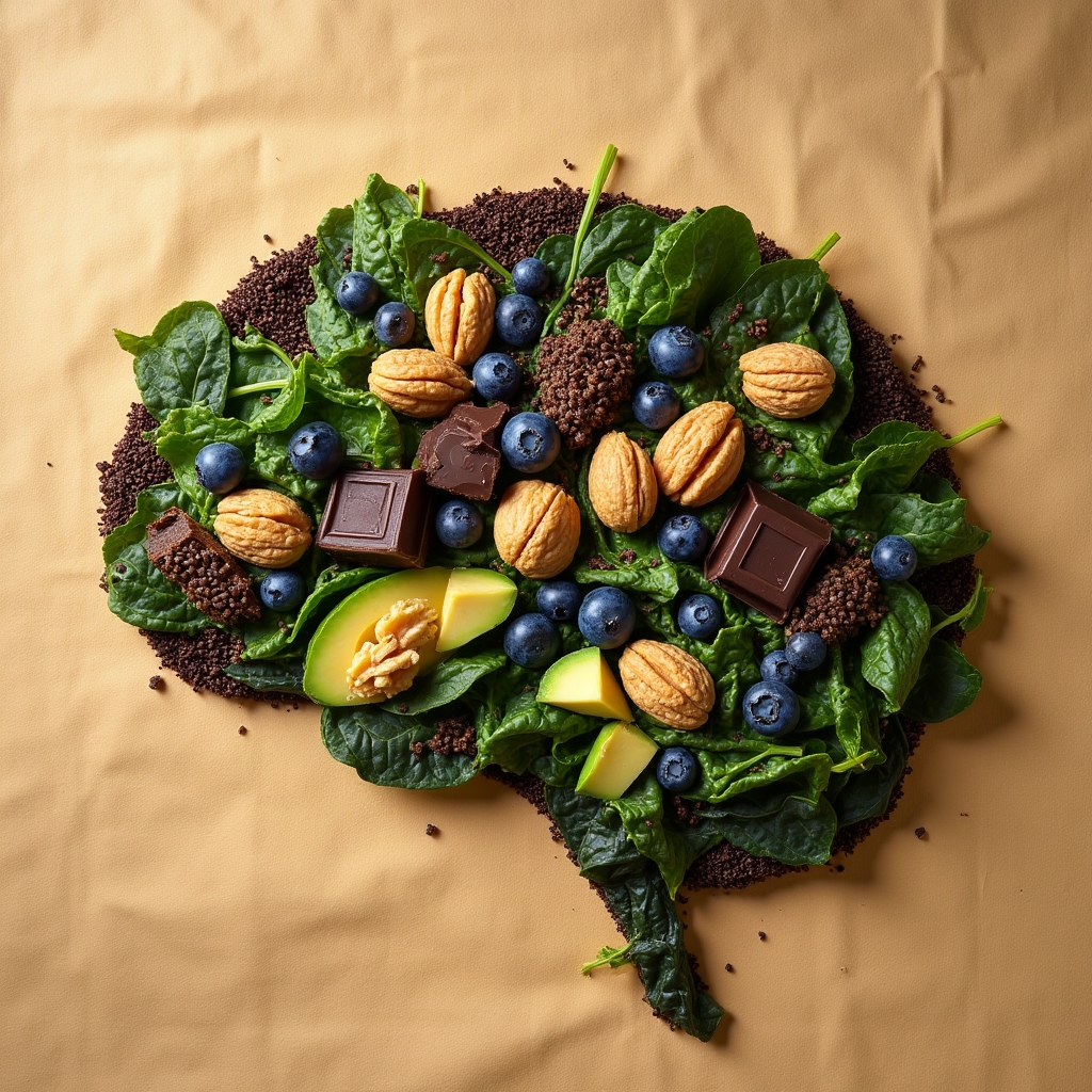 A creative flat lay with a brain-shaped arrangement of colorful foods including walnuts, blueberries, leafy greens, and seeds on a warm linen background