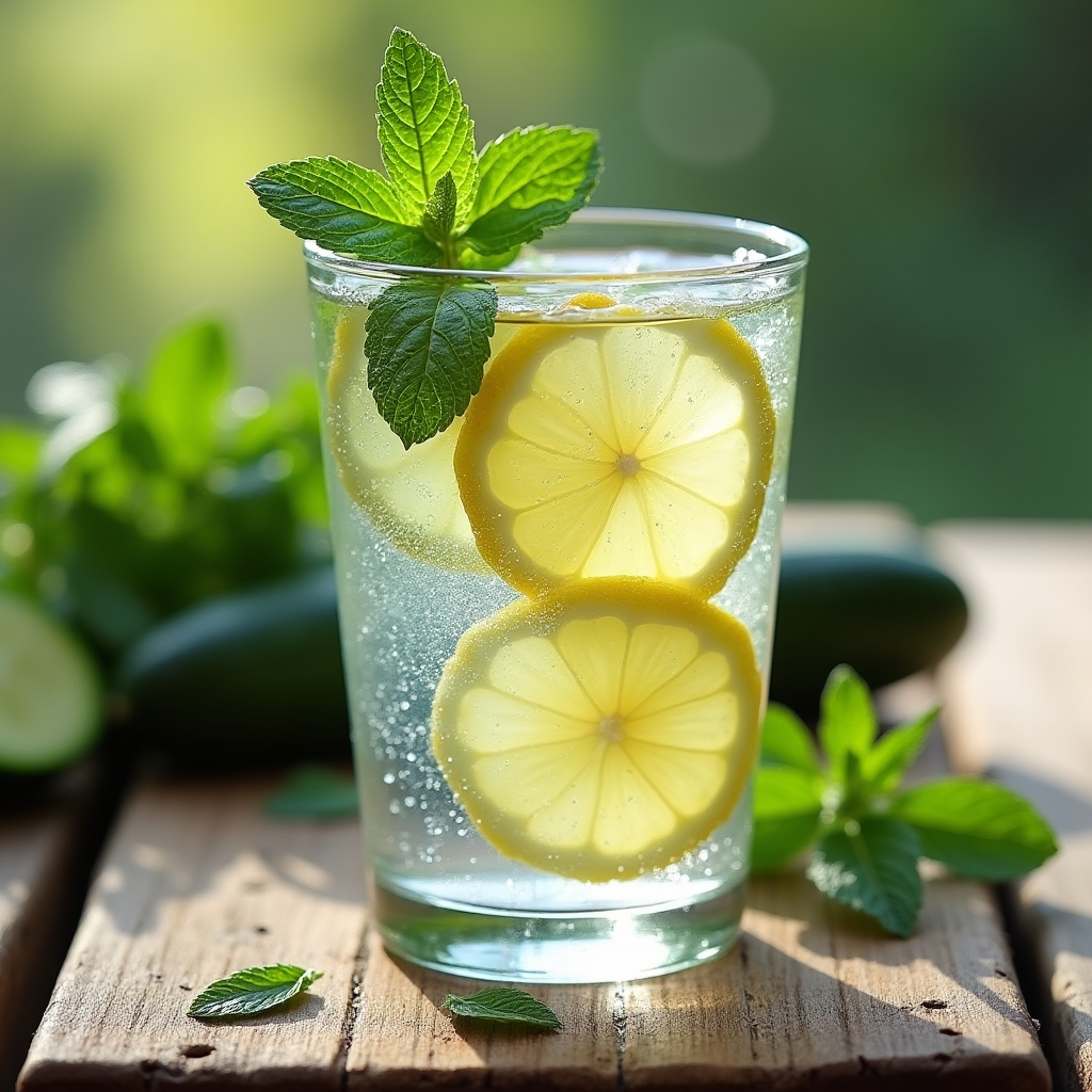 A glass of water with lemon slices and fresh mint leaves on a wooden surface in natural light, representing hydration and electrolyte education