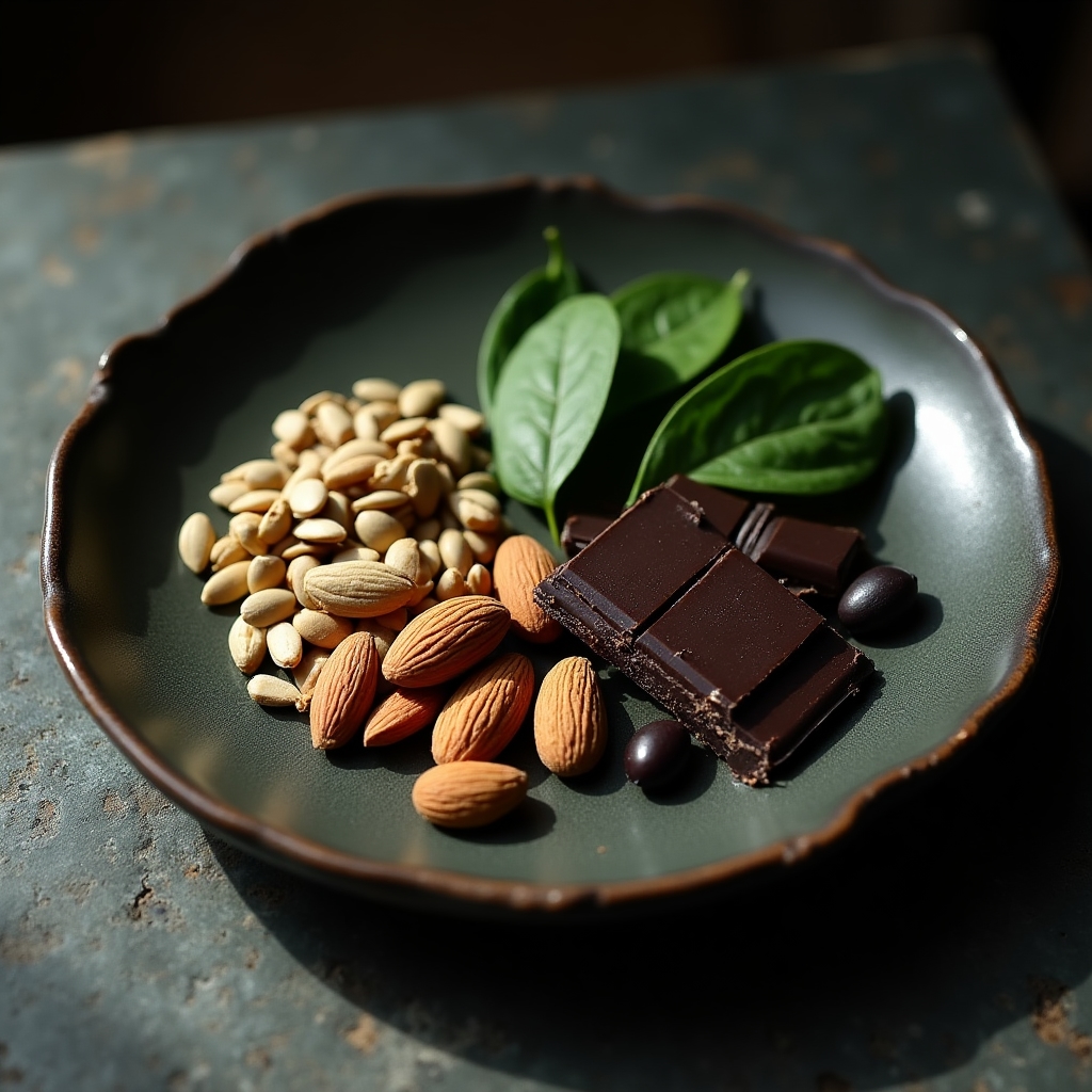 An artistic arrangement of magnesium-rich foods including dark leafy greens, pumpkin seeds, almonds, dark chocolate, and black beans on a textured ceramic plate