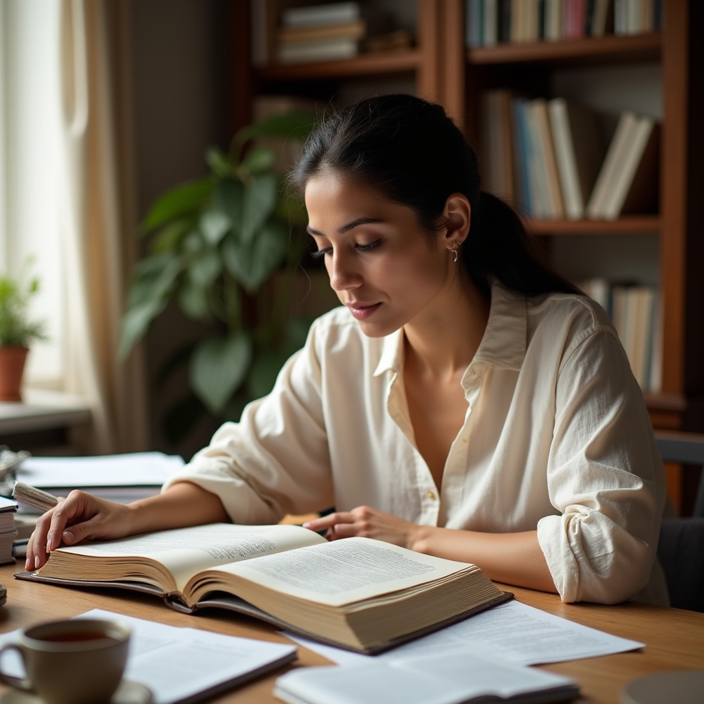 A focused person reading a scientific nutrition journal at a wooden desk surrounded by open books and natural light from a nearby window