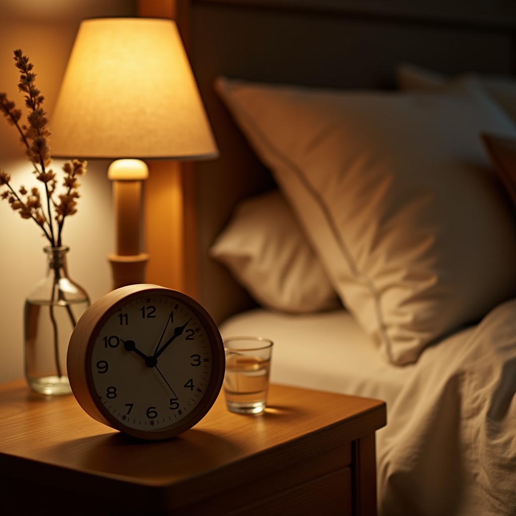 A wooden analog clock on a bedside table in a softly lit bedroom with warm tones, representing sleep timing and circadian rhythm education