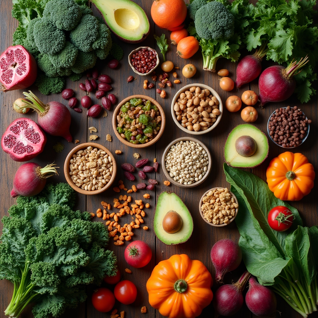 A wide, colorful spread of whole foods including leafy greens, legumes, nuts, seeds, and root vegetables arranged on a rustic wooden surface with natural warm lighting