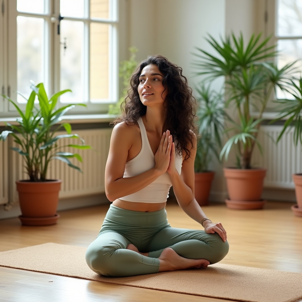 A person performing a gentle yoga stretch on a mat near large windows with warm morning sunlight streaming in, surrounded by plants and natural textures